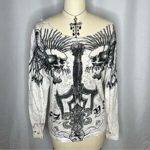 Xzavier affliction style customized white long sleeve women’s top with skulls